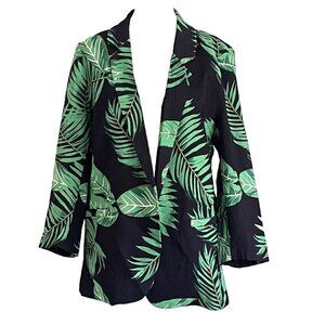 NWT Skies Are Blue Jacket Blazer Medium Tropical Leaf Fern Print Black Green
